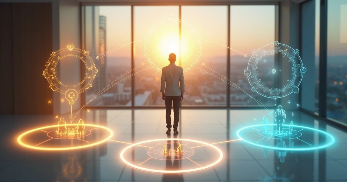 Pessoa em pé conectando símbolos de família e carreira com linhas luminosas 