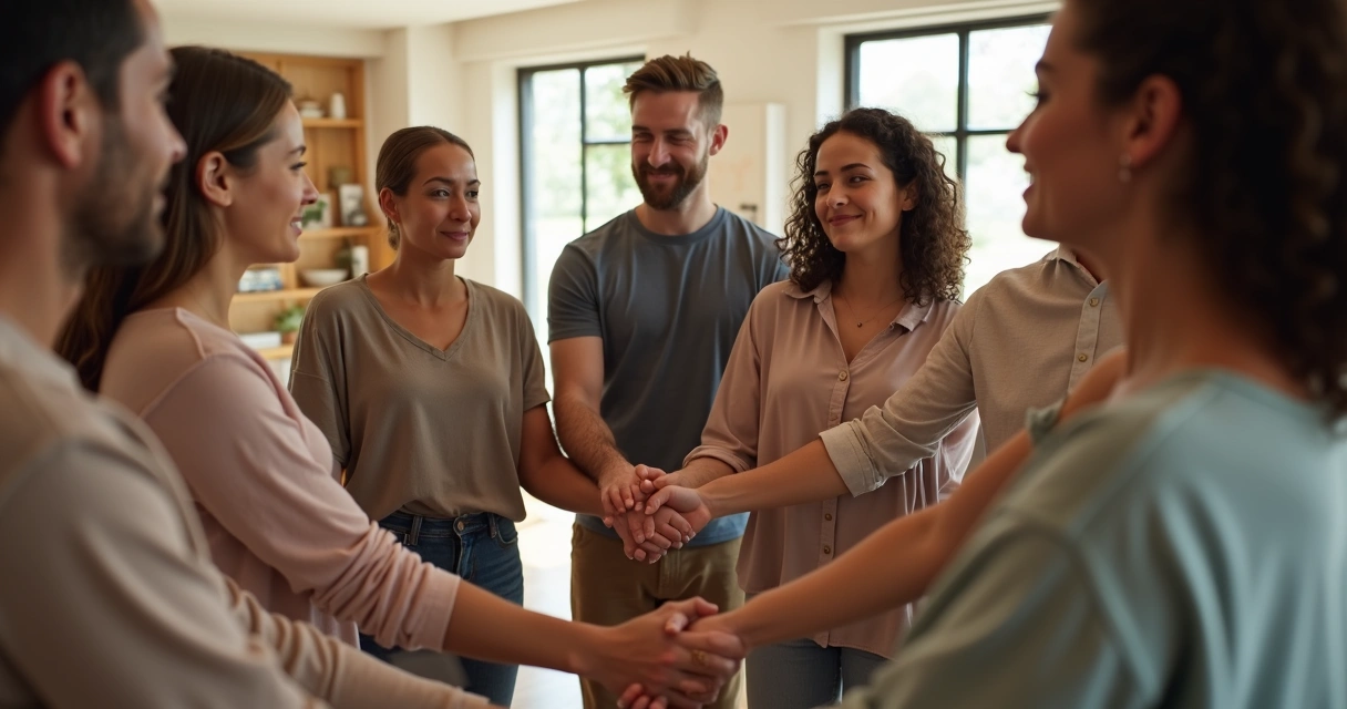Pessoas diferentes em círculo, mãos dadas, em ambiente acolhedor com luz natural.