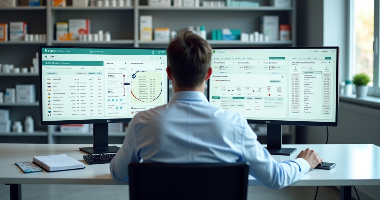 Gestor monitorando integrações entre sistemas de farmácia digital no computador 