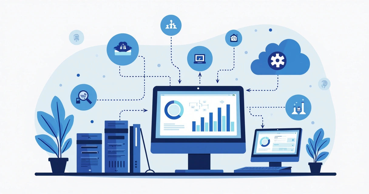 Ilustração corporativa mostrando múltiplas ferramentas digitais conectadas com setas em um layout organizado, com paleta de cores azul e cinza 