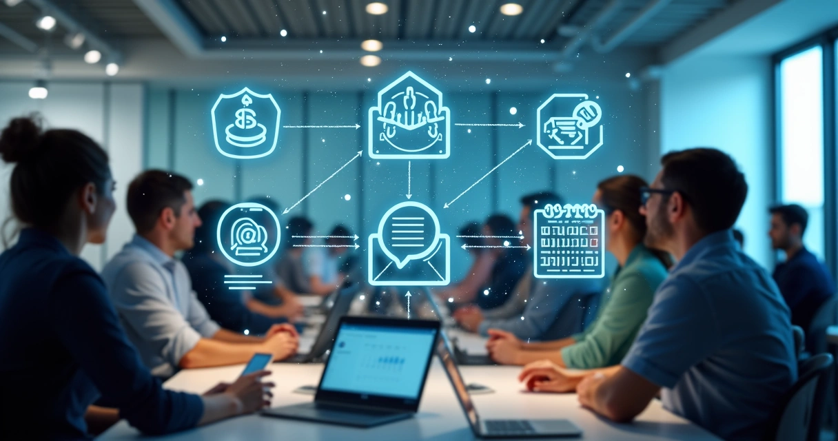 Tela de um computador mostrando integração entre e-mails, WhatsApp e calendário, com fluxos conectados. 