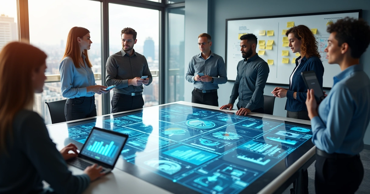 Equipe analisando dados integrados em vários dispositivos 