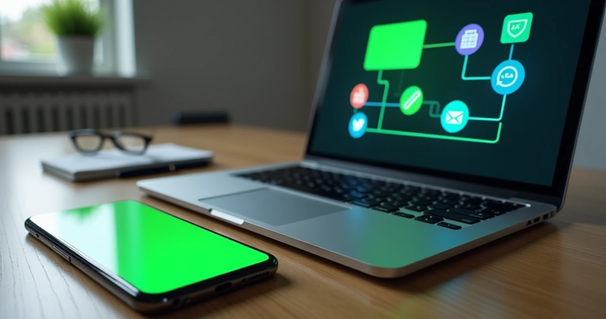 Mesa com celular exibindo WhatsApp conectado a diversos ícones de ferramentas na tela de um notebook 