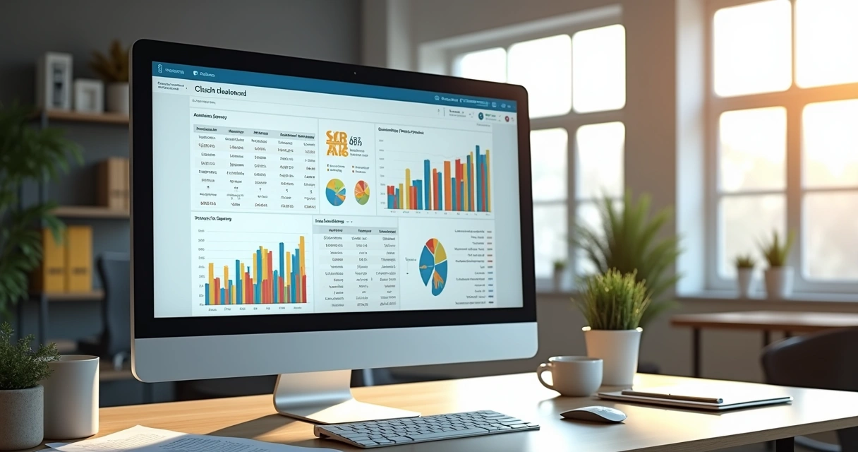 Computador mostrando dashboard financeiro com gráficos, planilhas e integrações bancárias visíveis em ambiente de escritório moderno 