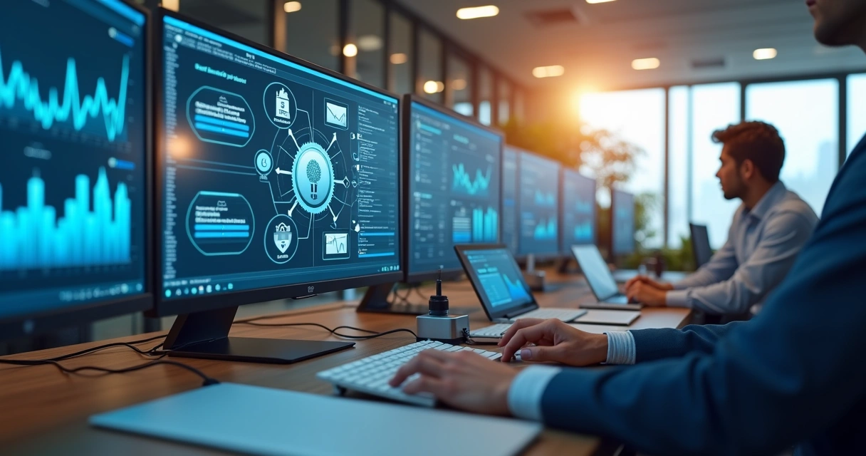 Computadores e telas exibindo gráficos financeiros e integração de sistemas contábeis via APIs 