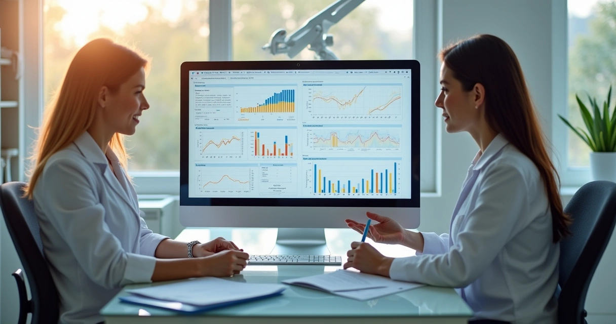 Profissionais em clínica odontológica discutindo gráficos financeiros em computador moderno 