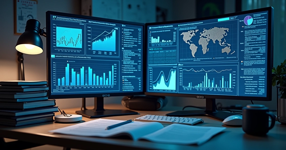 Tela de computador com gráficos financeiros e documentos contábeis integrados
