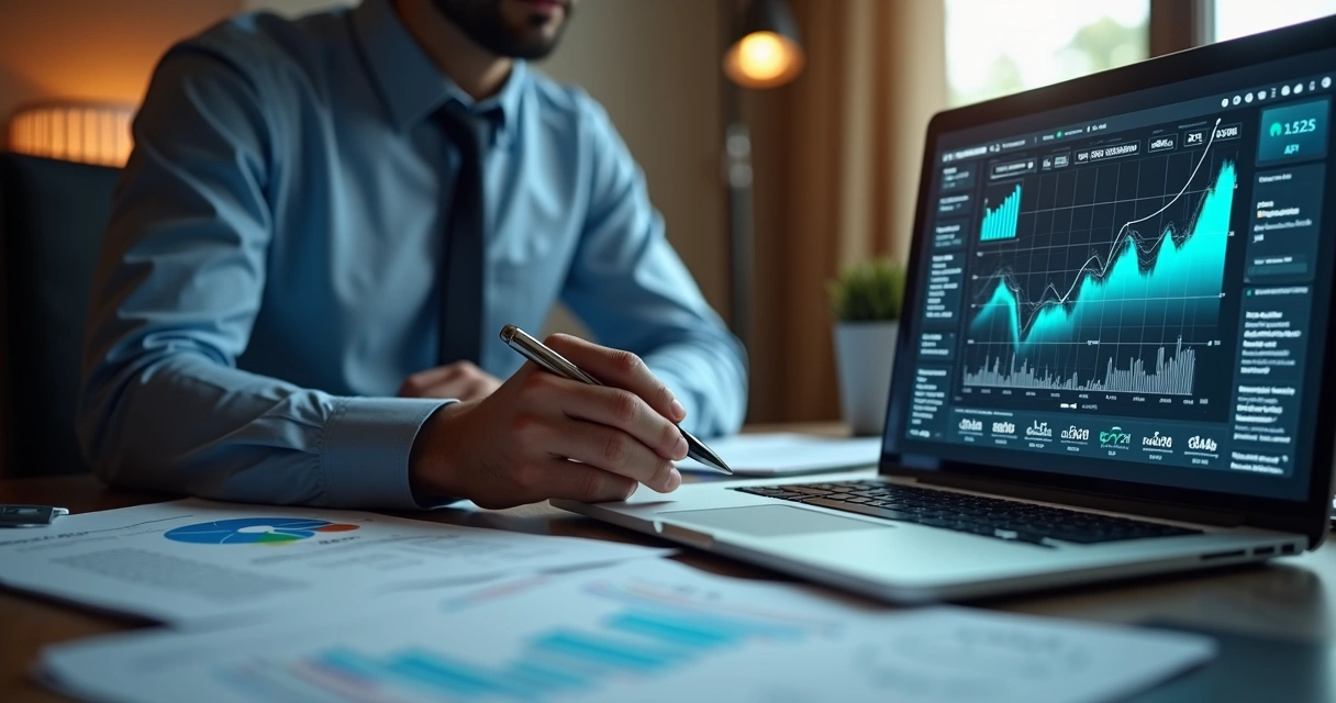 Contador analisa gráficos digitais em tela com sistemas conectados ao fundo 
