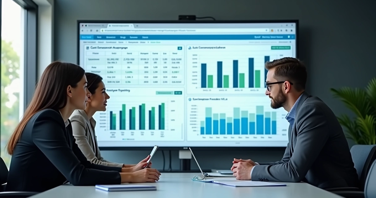 Equipe revisando dados financeiros integrados em escritório