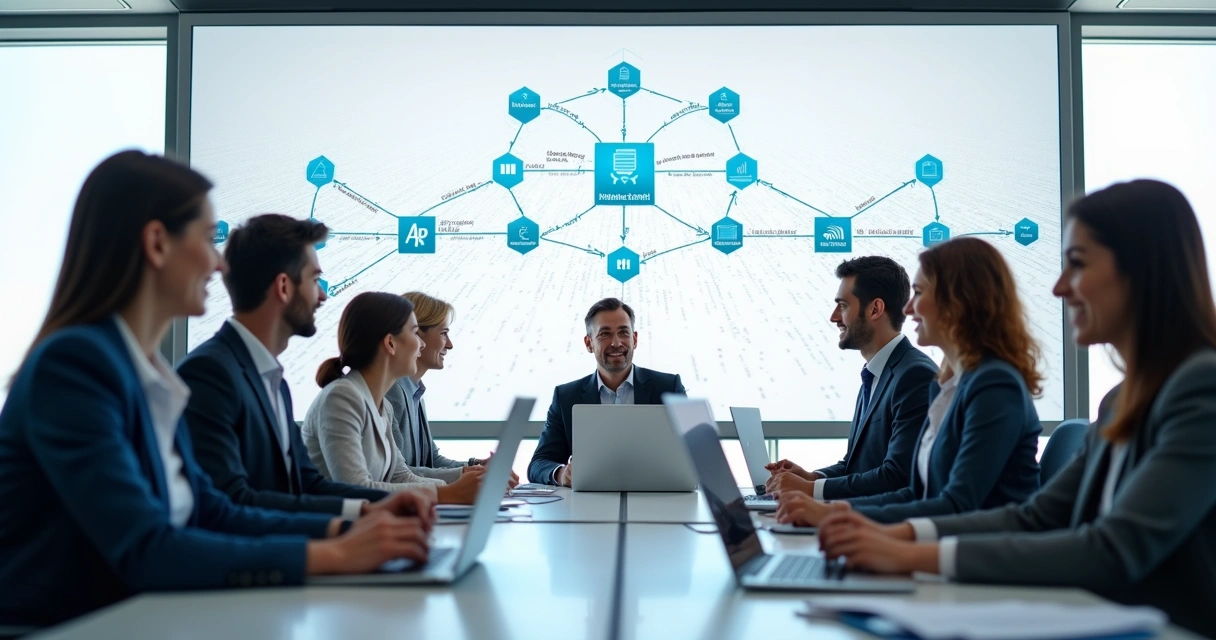 Equipe de TI e sistema de gestão em tela simulando integração financeira com bancos 