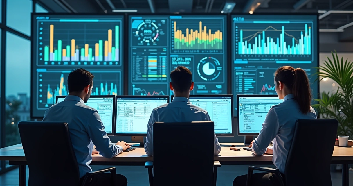 Equipe de tecnologia integrando sistema financeiro na tela de computadores 