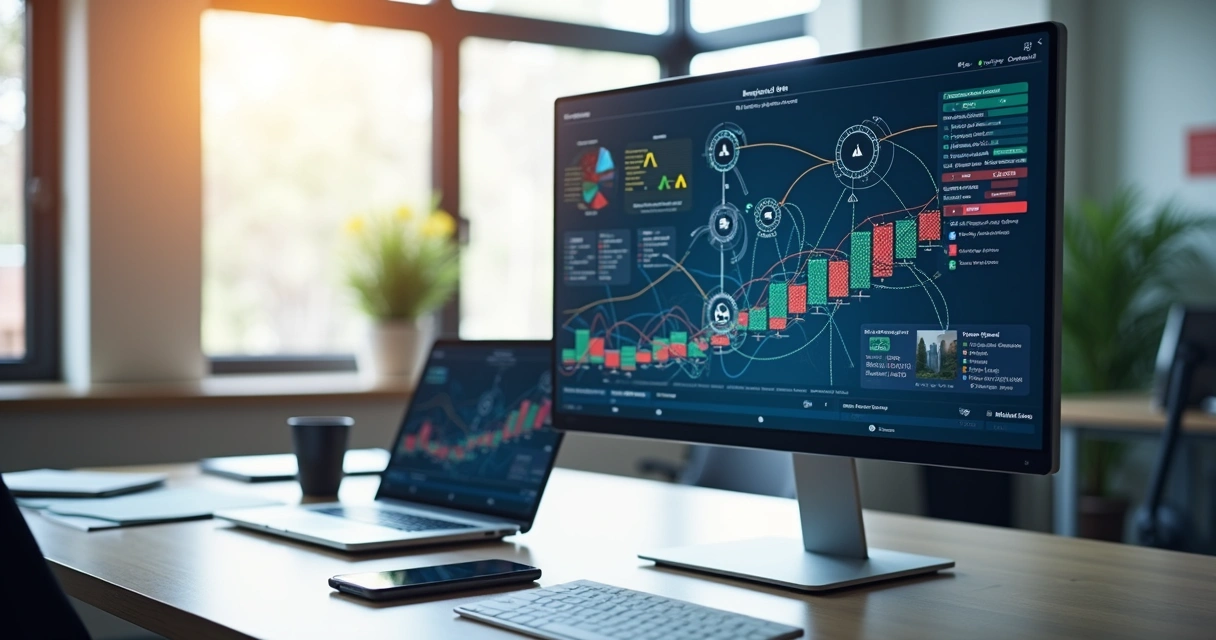 Tela digital exibindo integração de dados financeiros e contábeis com gráficos e diagramas conectados 