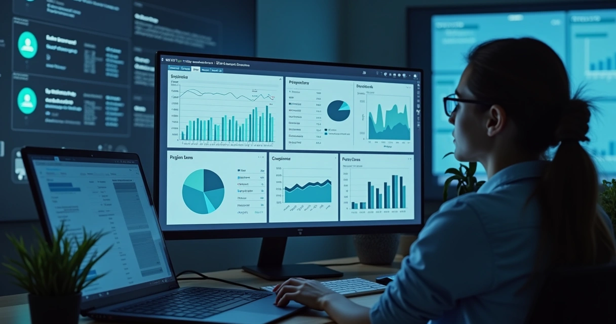 Tela de dashboard mostrando integração entre ERP e bancos, com gráficos e extratos bancários integrados 