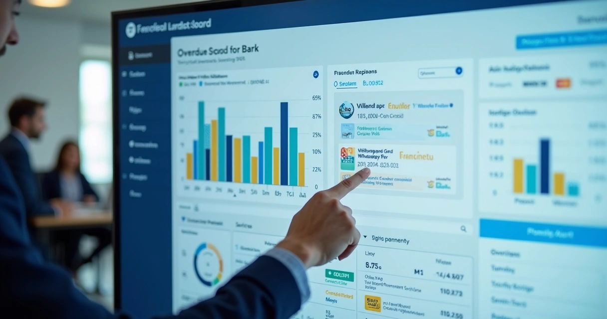 Tela simulada de um painel digital com gráficos de fluxo de caixa e alertas de cobrança 
