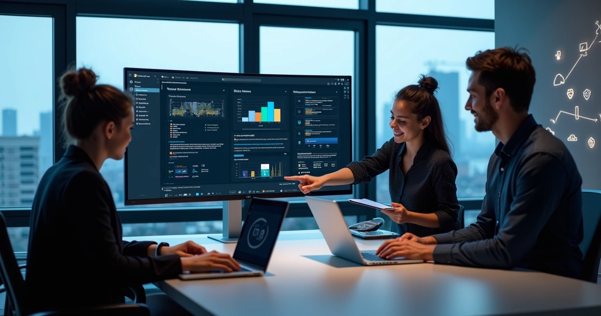 Equipe de tecnologia analisando integração fiscal via API em painel com gráficos e notas fiscais 