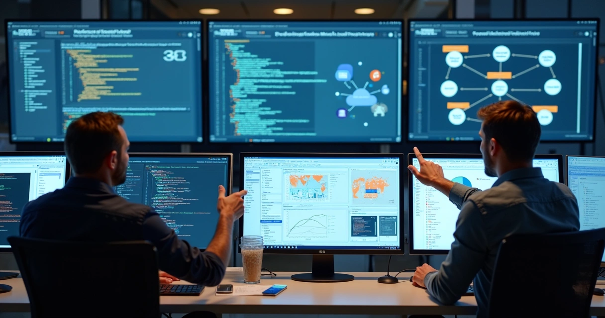 Ambiente de trabalho digital com código aberto em tela, gráficos e painéis de integração fiscal 