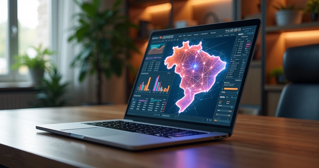 Mesa de trabalho com notebook exibindo sistema ERP, gráficos financeiros e mapa do Brasil com conexões entre estados 