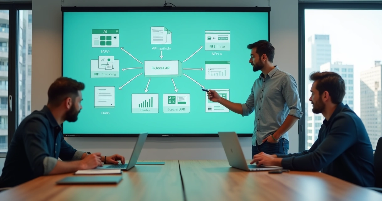 Fundador de SaaS planejando integrações fiscais em painel com equipe de tecnologia 