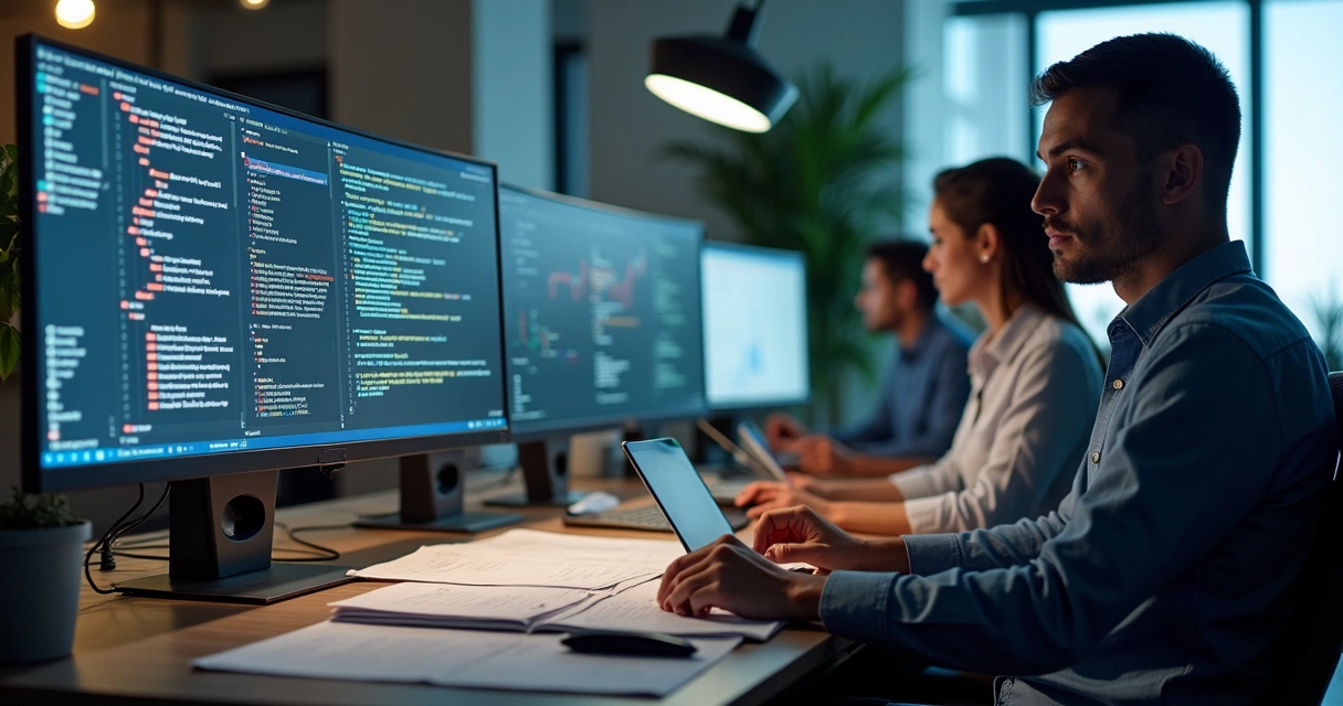 Equipe de desenvolvimento analisando integrações fiscais em múltiplas telas 