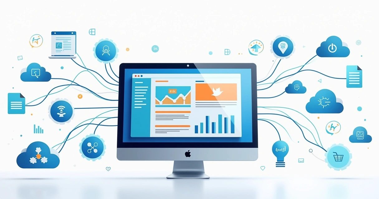 Fluxo de integração de diversas fontes de dados conectando sistemas e bancos de dados diferentes 
