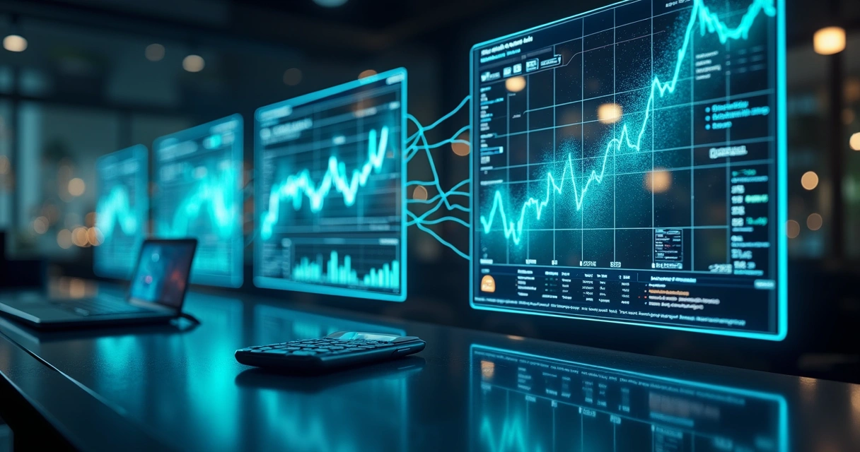 Ilustração digital de múltiplas fontes de dados integradas em uma plataforma de análise de risco com gráficos e conexões em rede 