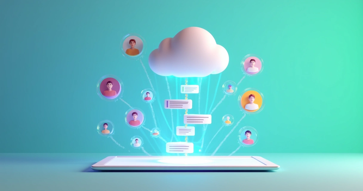 Conceito 3D de integração entre formulário digital e software CRM via ícones conectados