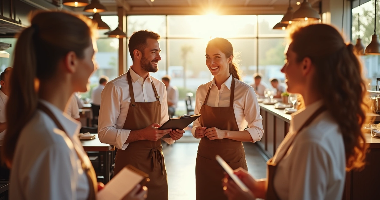 Equipe de novos funcionários recebendo treinamento em um restaurante 