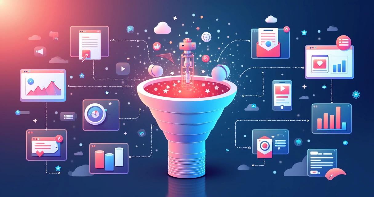 Diagrama mostrando integração de plataformas no funil de vendas 