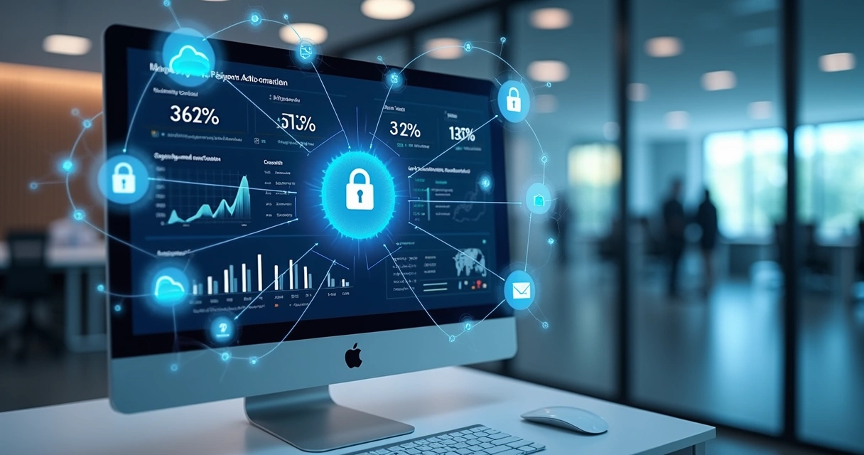 Tela de computador mostrando dashboard de gestão de pagamentos SaaS com gráficos e conexões digitais ao redor 