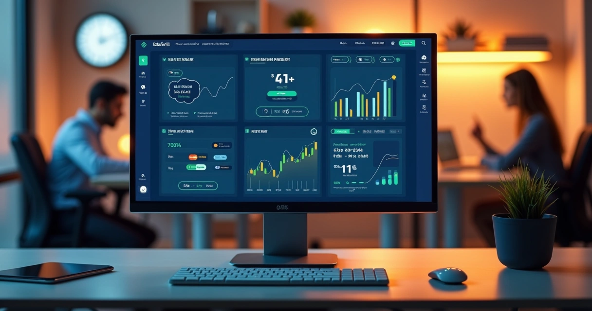 Tela de computador mostrando painel de gateway de pagamento integrado a software, com gráficos e notificações de pagamentos automatizados via Pix, boleto e cartão 