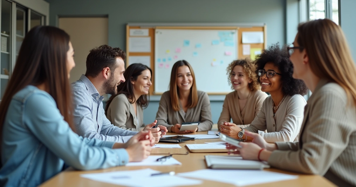 Equipe diversa de diferentes idades sorrindo juntas em ambiente de trabalho