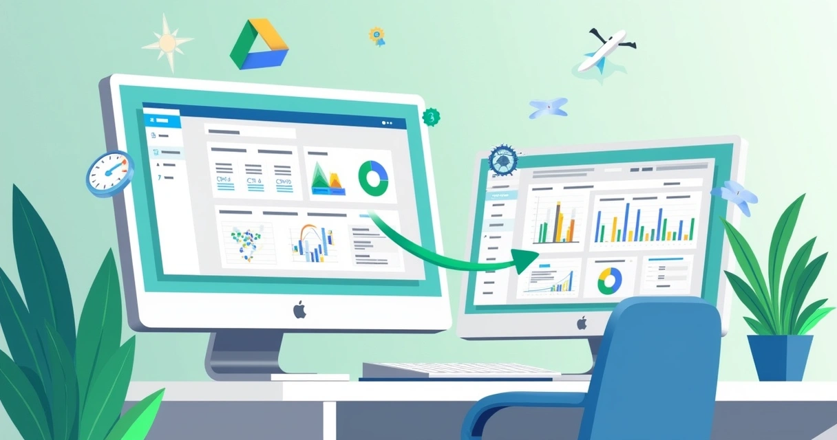 Espaço de trabalho moderno com computador mostrando painel do Power BI integrado ao Google Drive.
