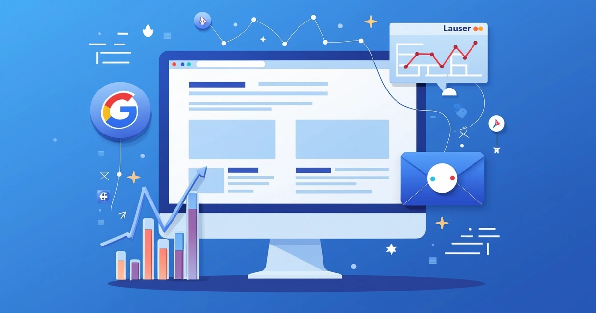 Ilustração integração de landing page com Google Ads e redes sociais 