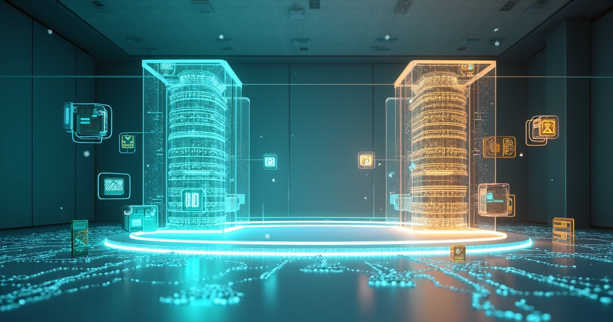 Sala 3D mostrando módulo de integração de dados conectado a painel de governança sobre legado digital 