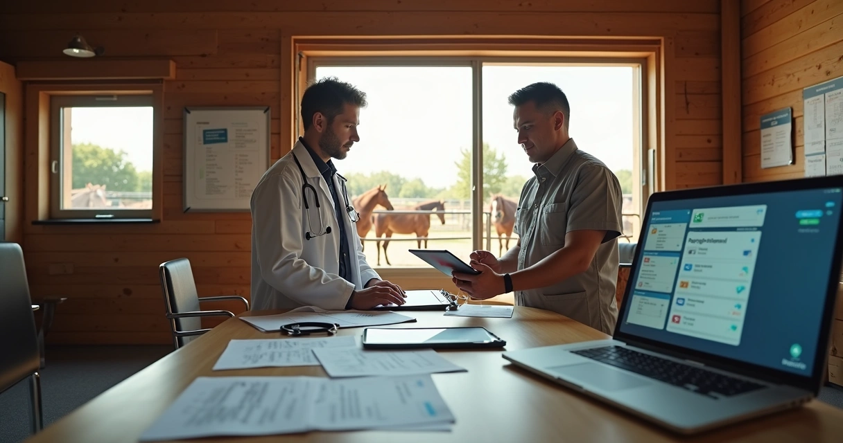 Veterinário e gerente de haras analisando ficha de cavalo com tablet em estábulo organizado 