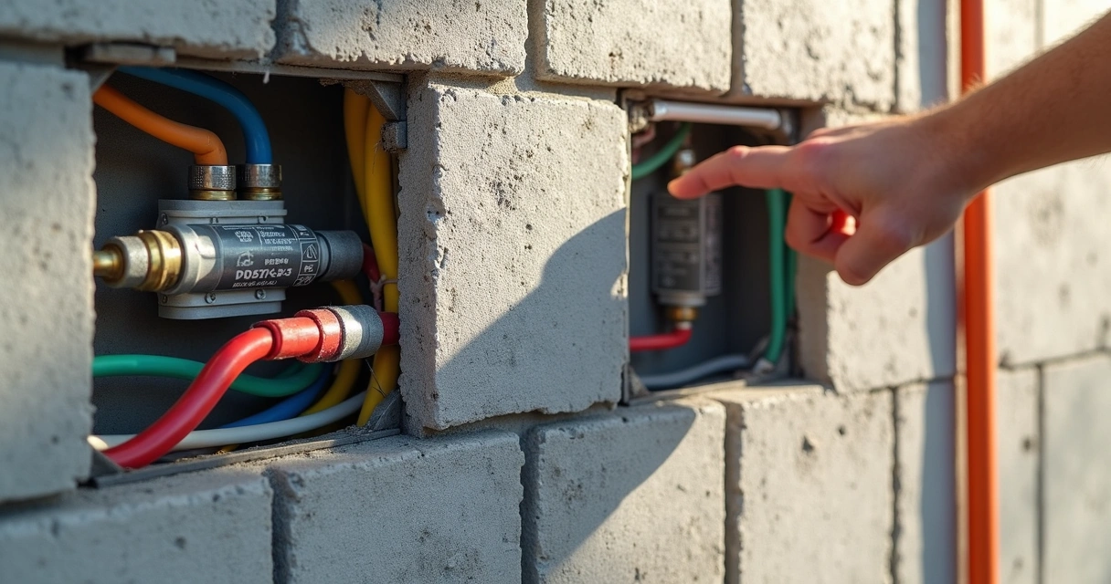 Instalações elétrica e hidráulica integradas na parede de blocos 