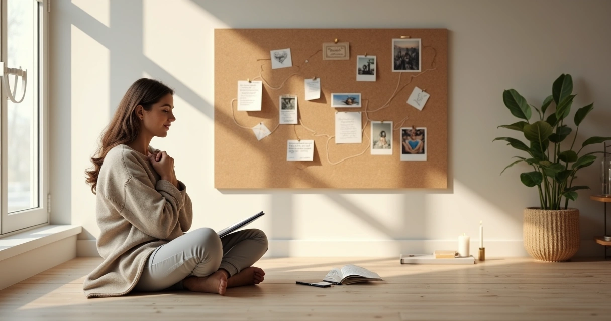 Mulher sentada em silêncio refletindo sobre suas histórias pessoais diante de mural com fotos e anotações 