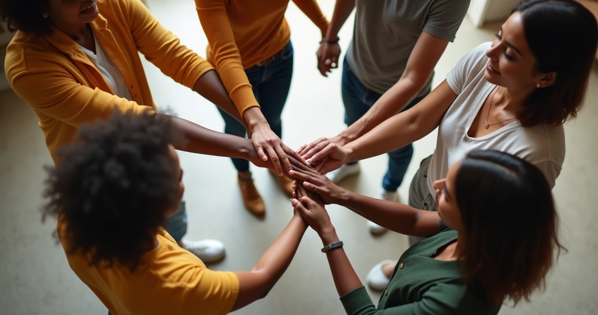 Grupo diverso de adultos formando um círculo de mãos dadas simbolizando colaboração 