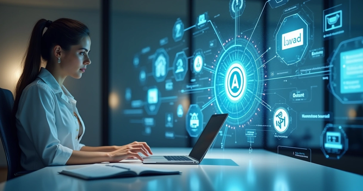 Advogada conectando sistemas no computador com ícones de IA flutuando 