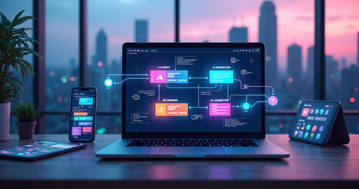 Tela de app low-code com ícones de IA conectados por fluxos coloridos 
