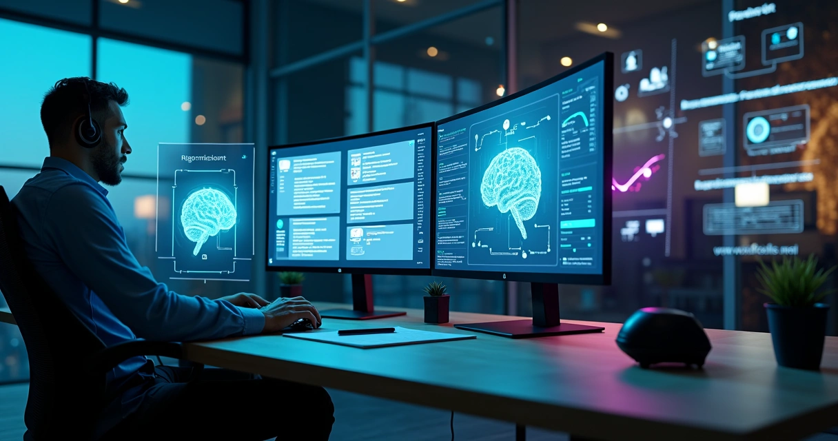 Mesa de atendimento com atendente humano e interface de IA holográfica colaborando no suporte ao cliente 
