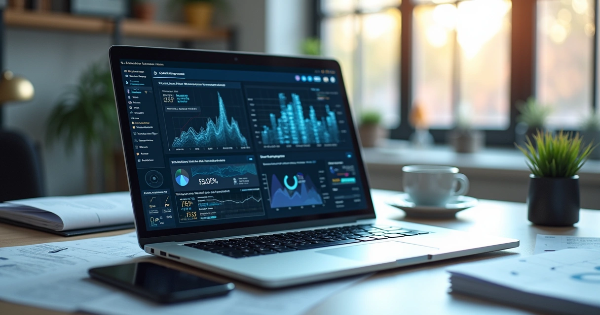 Mesa de escritório com laptop mostrando gráficos e dados de inteligência artificial integrados a processos empresariais, ambiente moderno e iluminado 