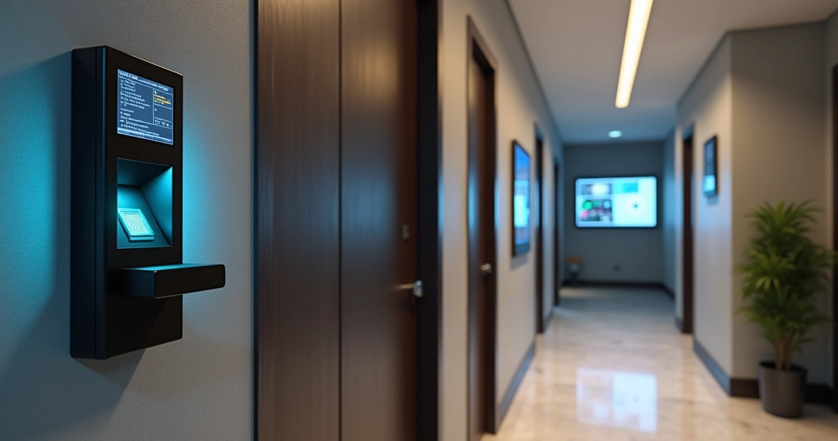 Painel integrado de controle de acesso com biometria e câmeras instaladas em ambiente empresarial 