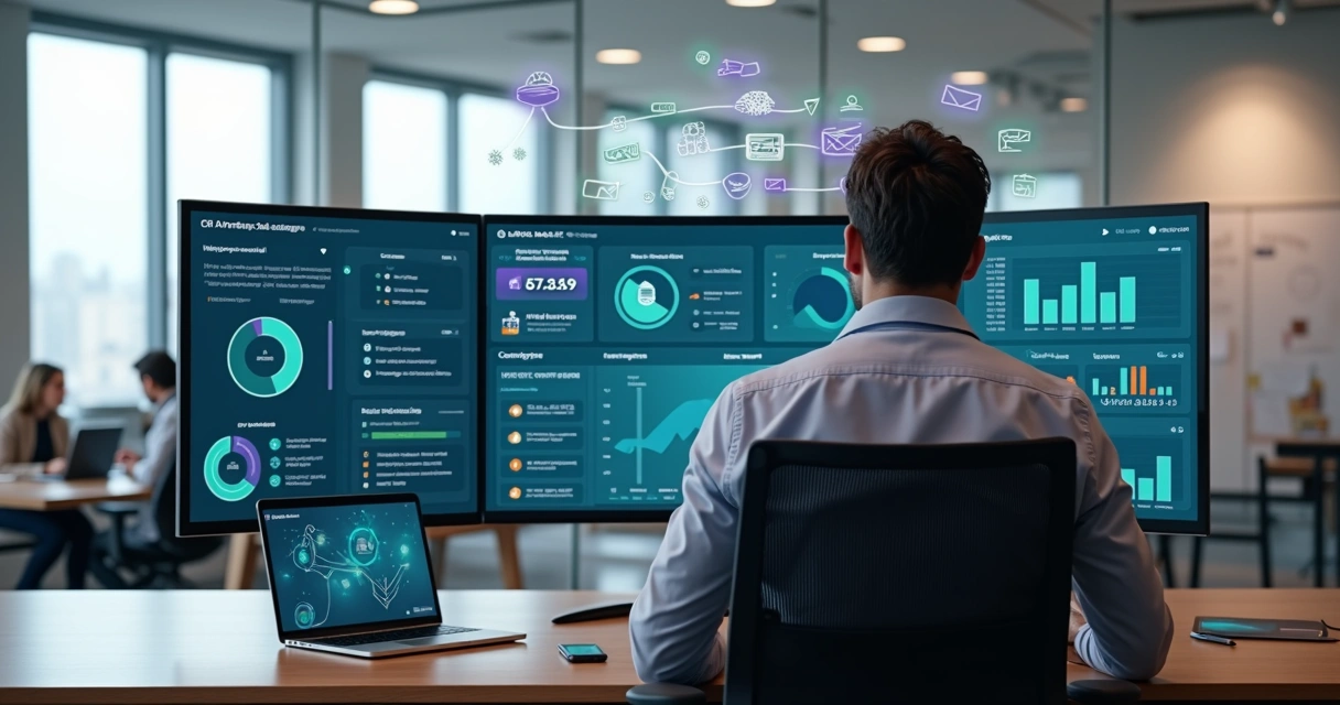 Gestor analisando painel de CRM com recursos de inteligência artificial na tela 