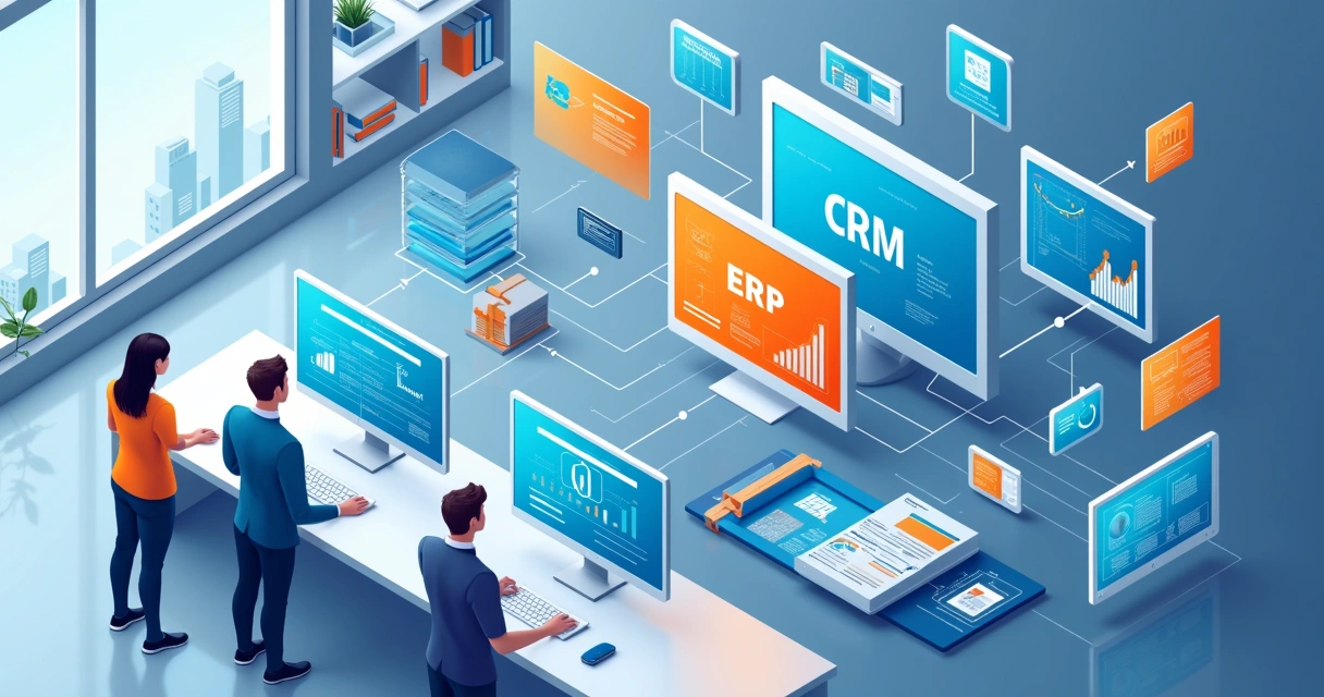 Conexão entre sistemas de IA, CRM e ERP integrados 