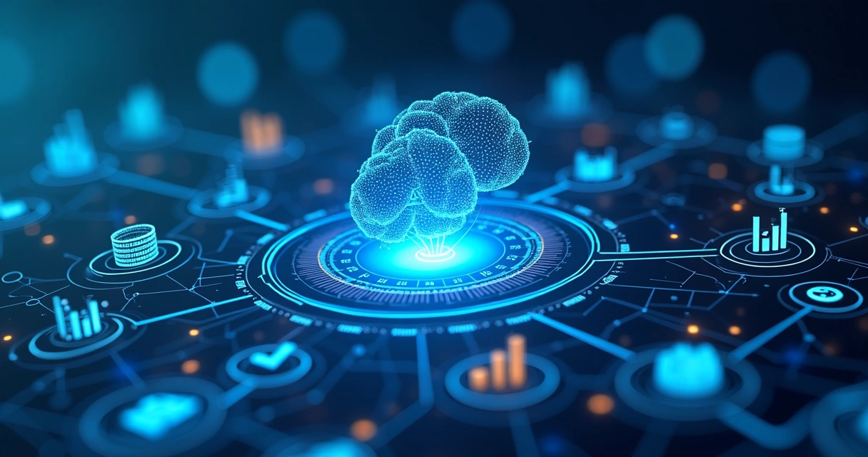 Diagrama visual de IA conectando dados entre CRM e ERP em ambiente digital. 