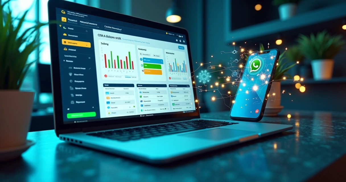 Interface digital com chatbot e painel de CRM mostrando automação e gráficos de vendas pelo WhatsApp 