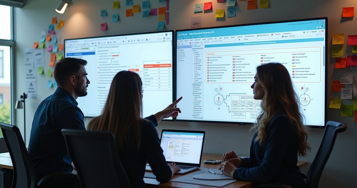 Equipe técnica analisando integrações entre agente de IA e módulos ERP em monitores e quadros brancos 