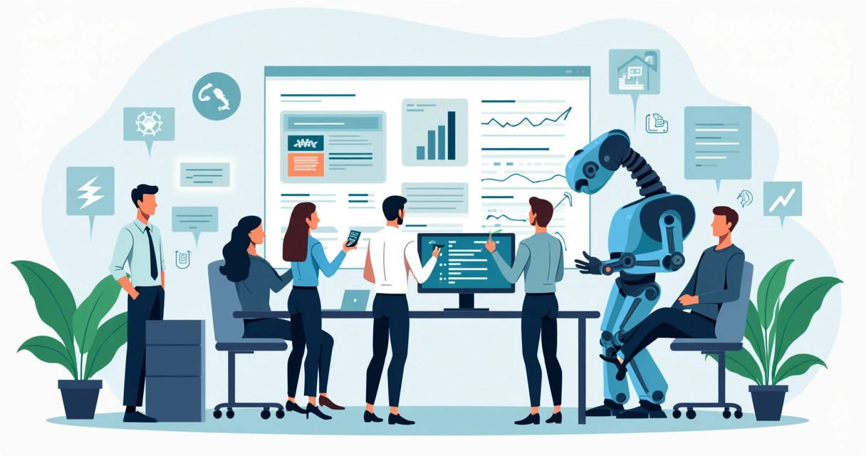 Ilustração corporativa mostrando integração de inteligência artificial em processos empresariais com gráficos, robôs e equipe de trabalho 