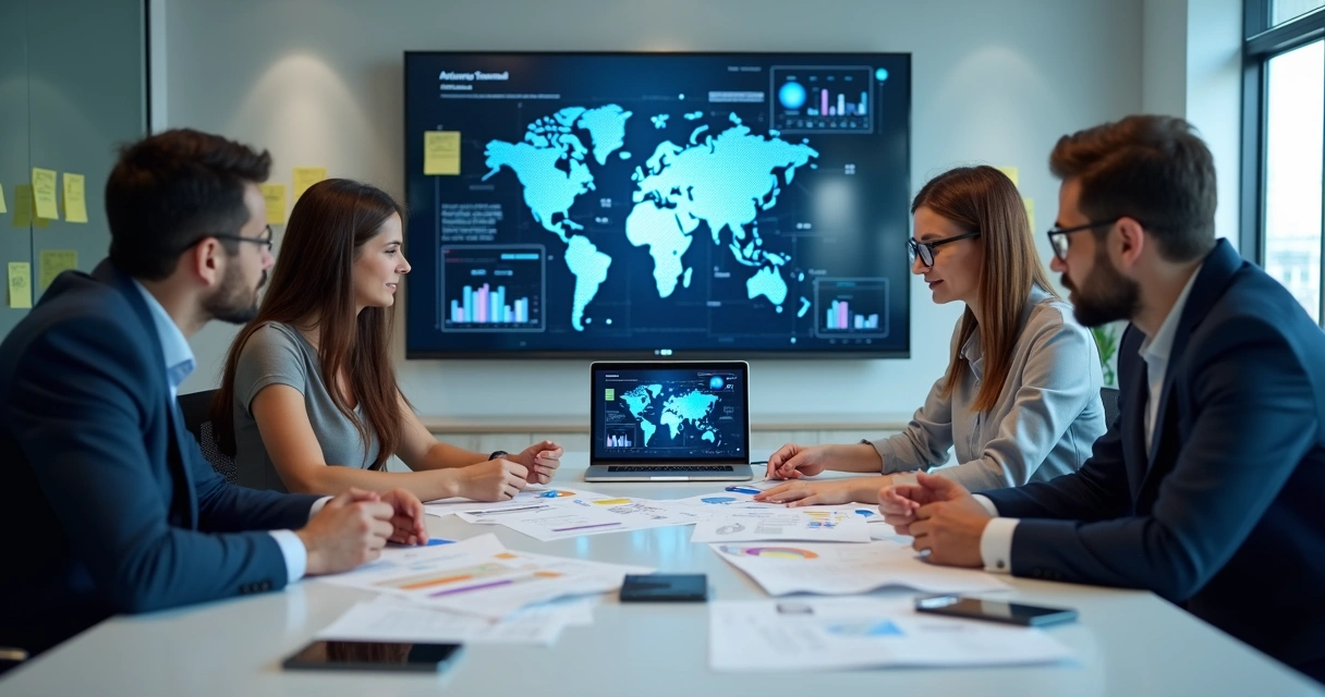 Equipe reunida ao redor de uma mesa, analisando gráficos com símbolos de IA no escritório. 